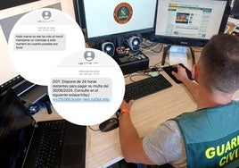 Un guardia civil del 'Equipo @' investigando estafas en Cantabria. En detalle, dos mensajes fraudulentos que han llegado a un periodista de El Diario Montañés.