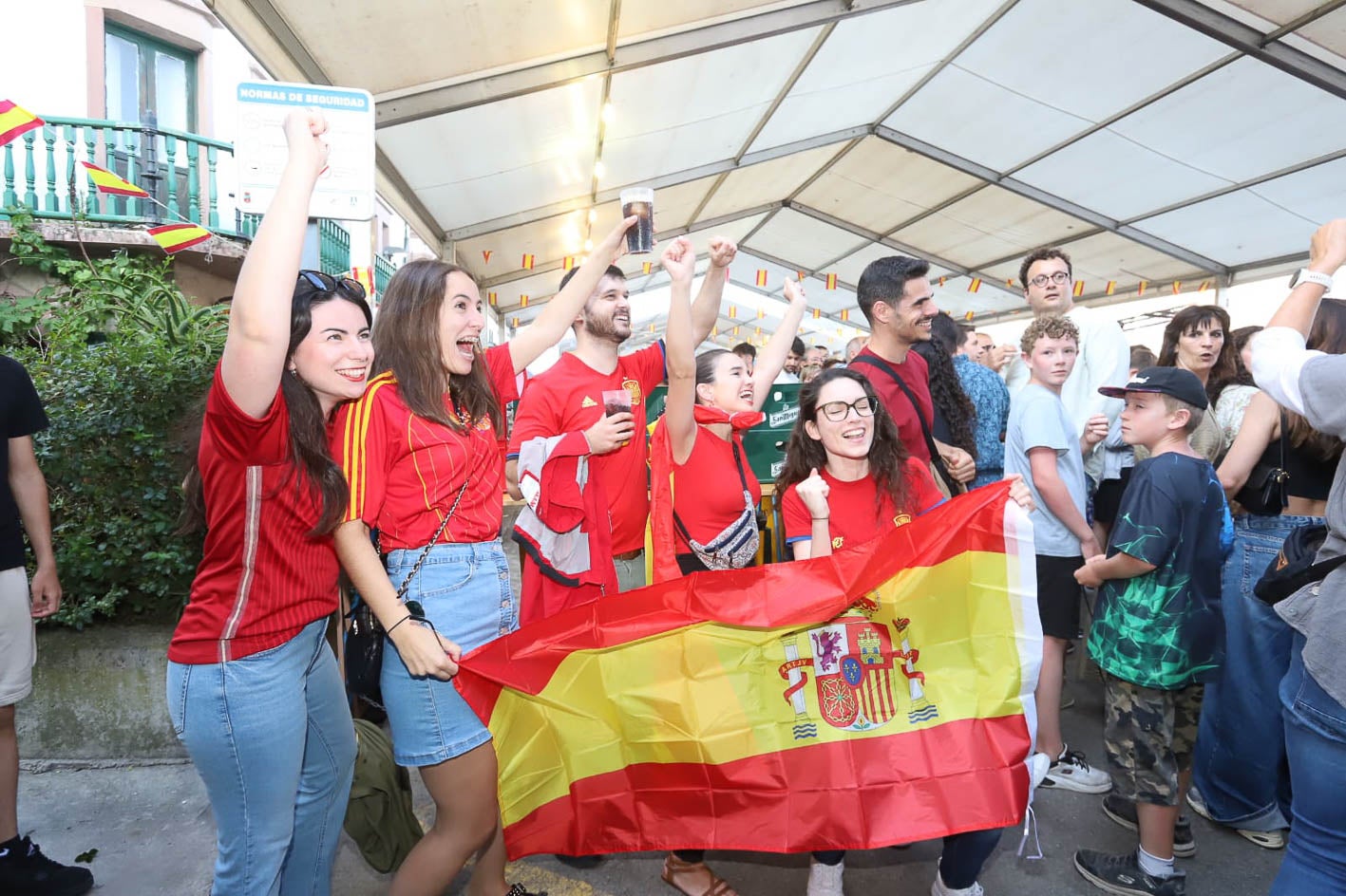 Un grupo de aficionados, ataviados con camisetas de la selección y con una bandera de España, animan a La Roja en San Vicente.