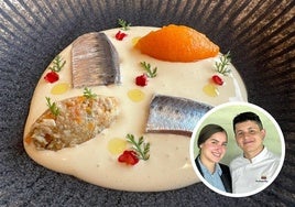 Escabeche de codorniz emulsionada con sardina marinada y acompañado de un sorbete de mandarina y zanahoria. En el círculo, el equipo de confianza: Marisol Moreno y Santiago Ramírez.