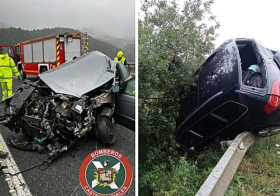 A la izquierda, el turismo siniestrado en la autovía del Cantábrico y, a la derecha, el coche volcado en un talud en Ruiloba.