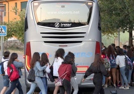 Alumnos subiendo a un autobús dedicado al transporte escolar.