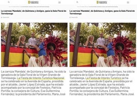 Antes y después de la publicación del Ayuntamiento en la web municipal, con la designación de la Gala Floral modificada tras la polémica.