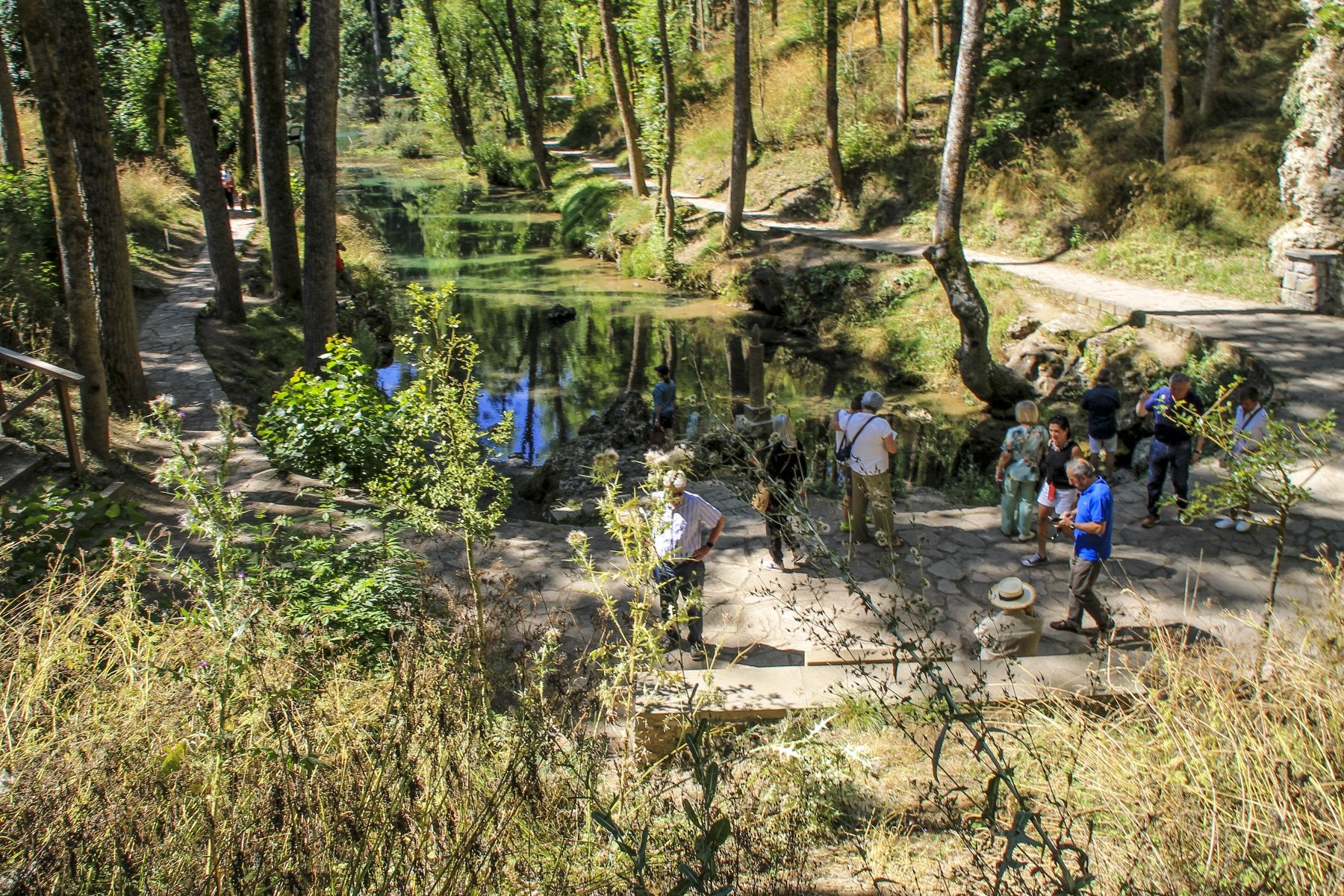 Una decena de turistas frente al nacimiento del Ebro, cubiertos por la vegetación de los alrededores del lugar.