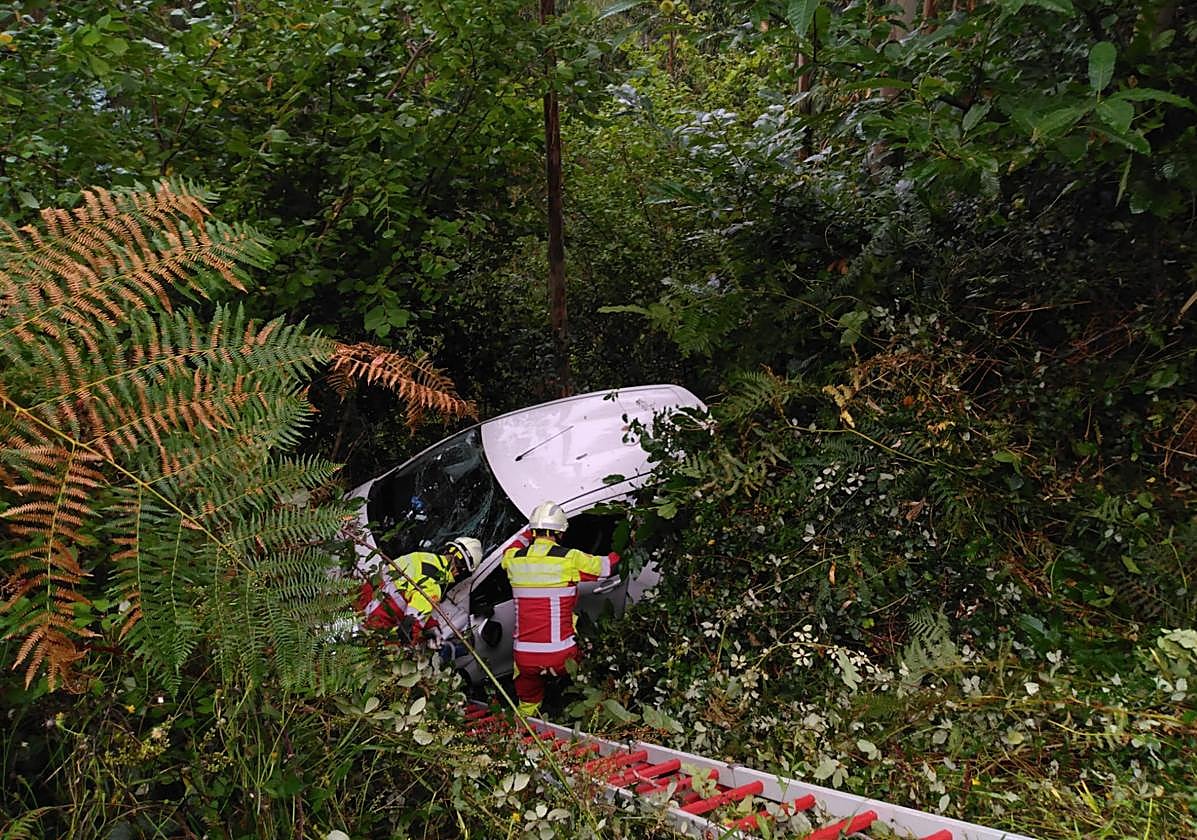 Momento en el que los bomberos acceden hasta el vehículo de la mujer, rodeado de abundante vegetación.