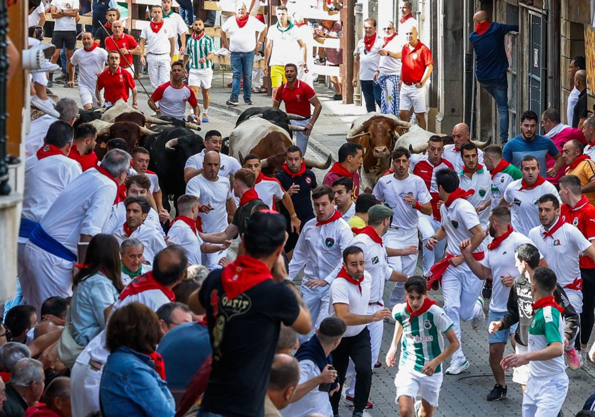 Los mozos en uno de los tramos del primer encierro de los tres que disfrutará Ampuero hasta el domingo