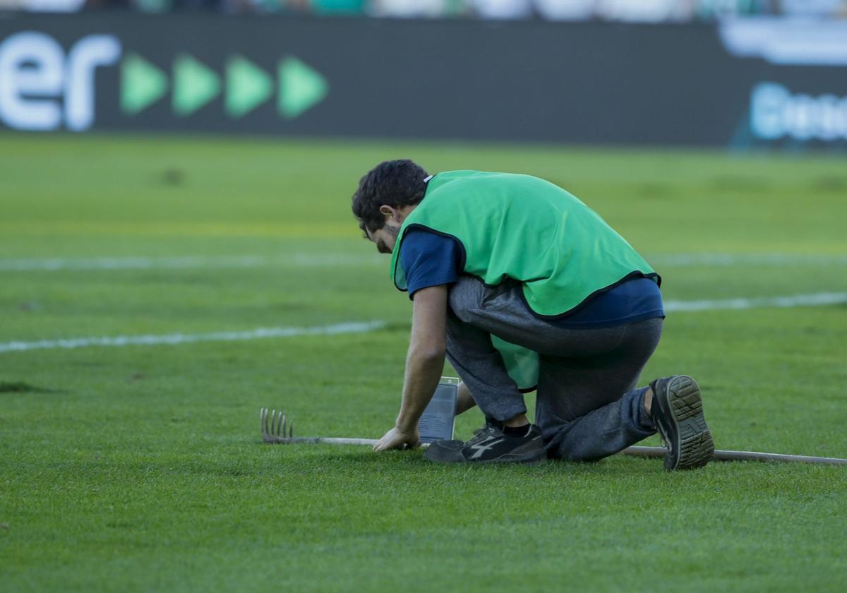 Un operario trabaja sobre el césped durante el descanso del partido del sábado ante el Sporting.