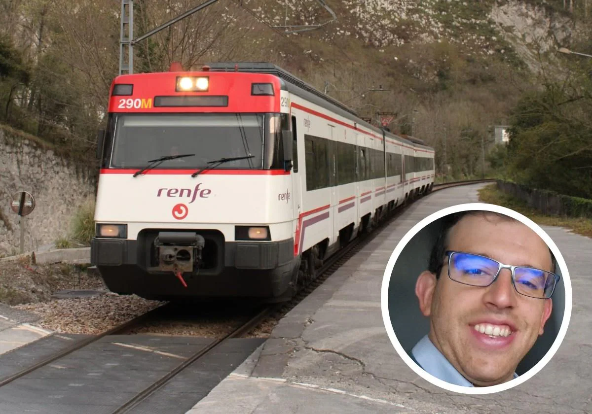 Andrés Matas, llevando un convoy de Renfe. A la derecha, una foto retrato.