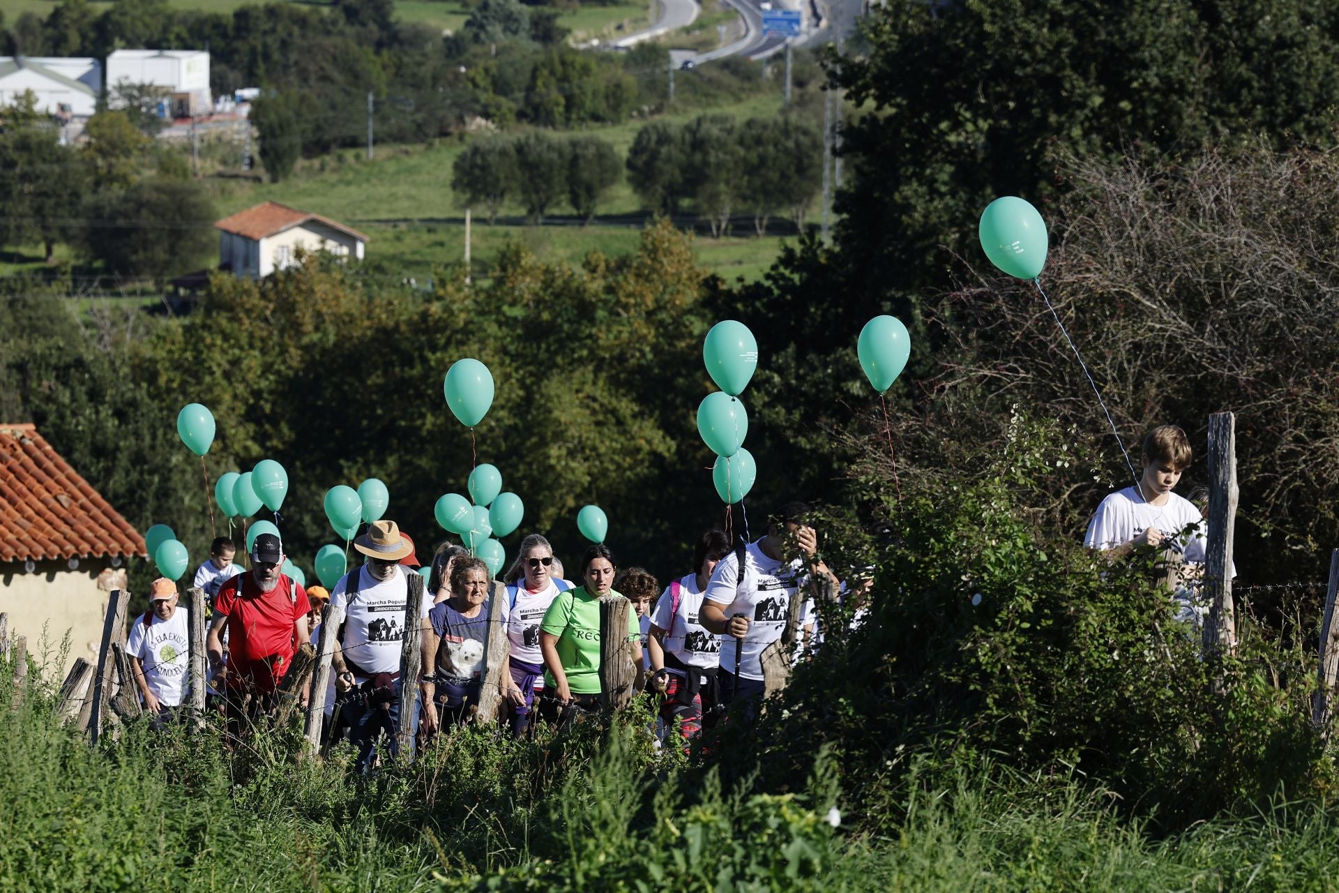 Globos verdes (color de la enfermedad) por encima de varios caminantes.