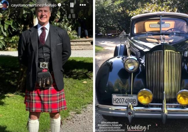 Cayetano Martínez de Irujo colgó en sus redes cómo iba vestido con el típico kilt escocés a la boda. A la derecha, el Packard Eight cabriolet de 1939 que los novios alquilaron en Barros.