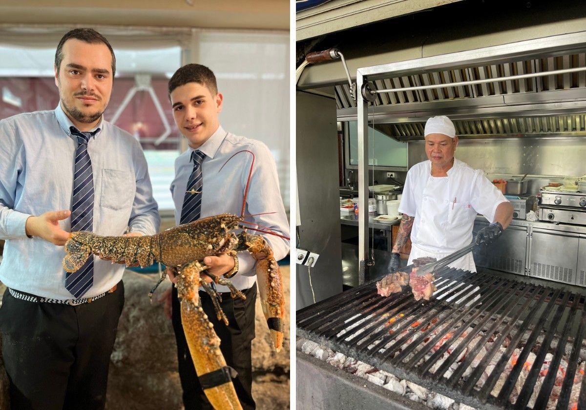 Yeray Venero y Carlos Pardo, con un gran bogavante azul de tres kilos // Valentino Balmedina, coloca los entrecot sobre la parrilla, en el exterior del establecimiento.