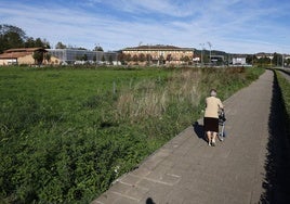 Una vecina camina junto a la zona verde donde se halla la parcela en venta, en Torrelavega.