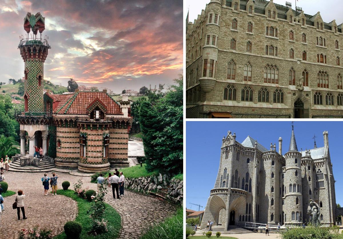 Capricho de Gaudí en Comillas, Palacio Botines en León (arriba, dcha.) y Palacio de Gaudía en Astorga (abajo, dcha).