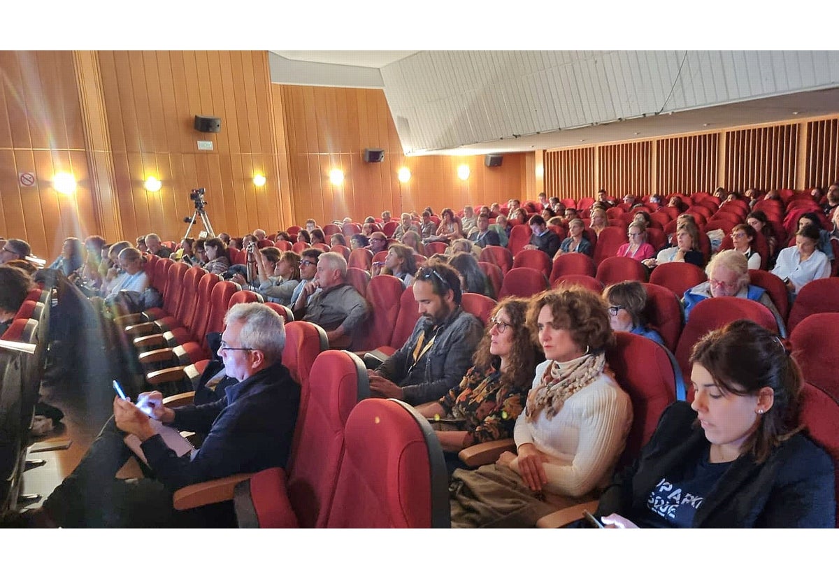 Imagen principal - Público asistente a la ponencia sobre la comarca, intervención de la empresaria Gema Pulgar y de izquierda a derecha Andrés García, Irene Díaz, Libe Otegui, Ricardo Blanco y Alicia Sánchez.