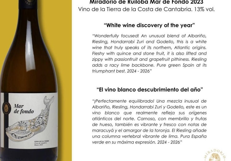 Puntuación del crítico británico sobre el vino y uno de los viñedos de la bodega con el mar Cantábrico de fondo.