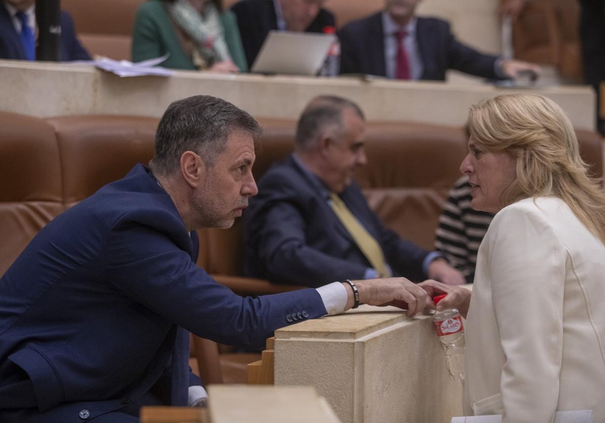 El consejero de Cultura y Turismo, Luis Martínez Abad, charla en un parón del Pleno con su compañera de Ganadería, María Jesús Susinos.