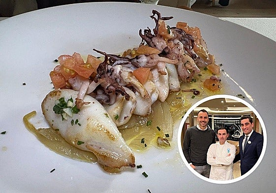 Chipirones a la parrilla con cebolla caramelizada.. En el círculo, Manuel Pérez, Manuel Garrido y David Arias.