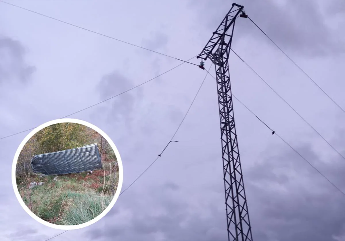 Imagen de una de las torres que llevan la luz a Tresviso con los cables colgando. A la izquierda, detalle de una de las chapas metálicas que ha salido volando y ha causado la avería.