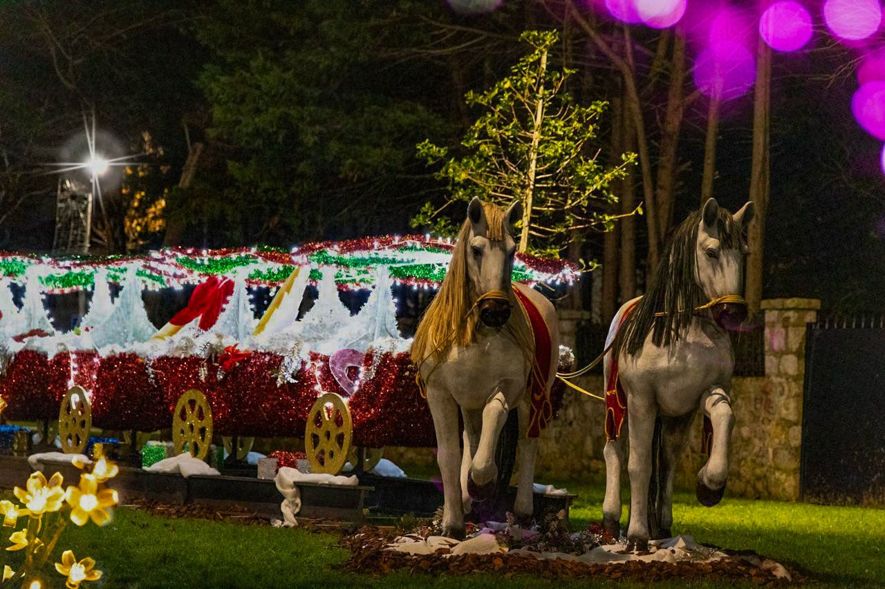 Dos caballos tiran de un carruaje mágico. 