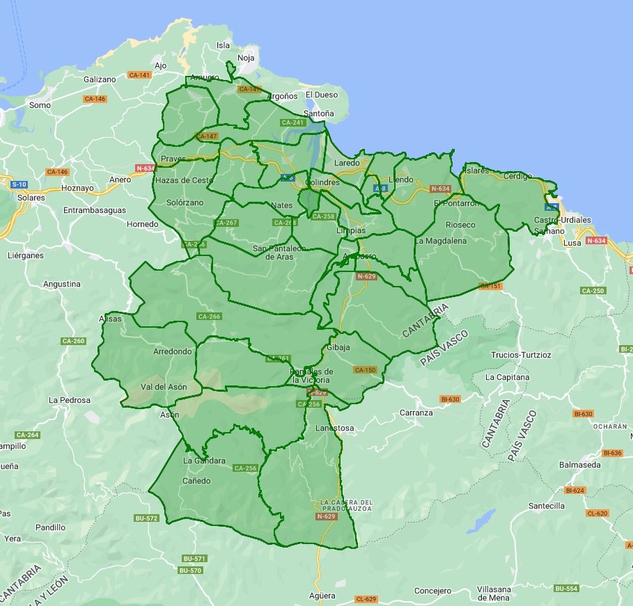 La zona señalada en verde representa los municipios que abarca la empresa GLS.