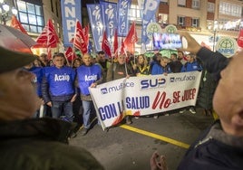 Manifestantes, este miércoles, en la calle Jesús de Monasterio con pancartas de algunos sindicatos convocantes.