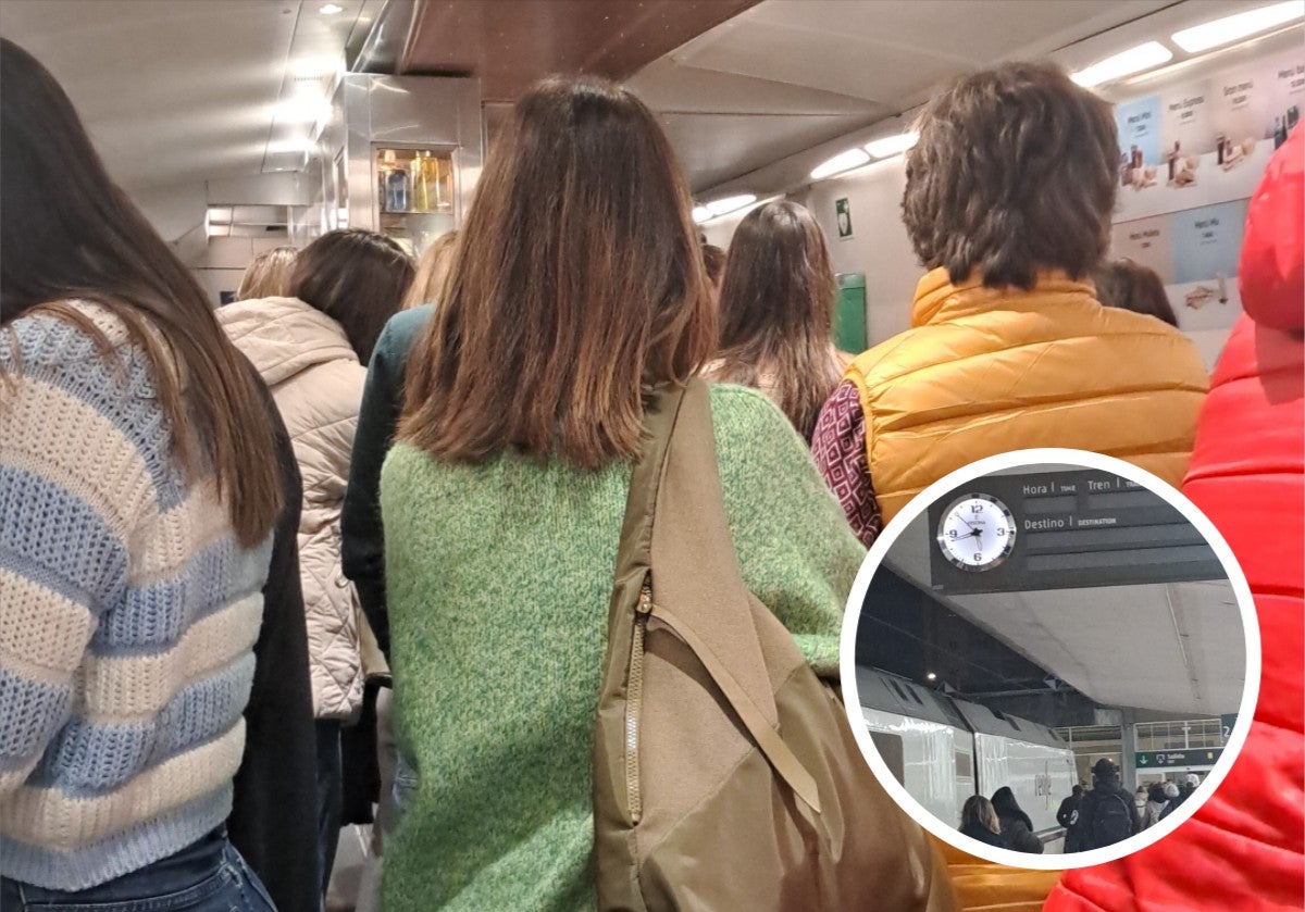 Pasajeros en el tren que llegó a primera hora de la mañana a Santander con salida desde Madrid a las siete de la tarde y, en detalle, reloj que marca las 5.45 horas, momento en el que los pasajeros llegaron a la capital cántabra..