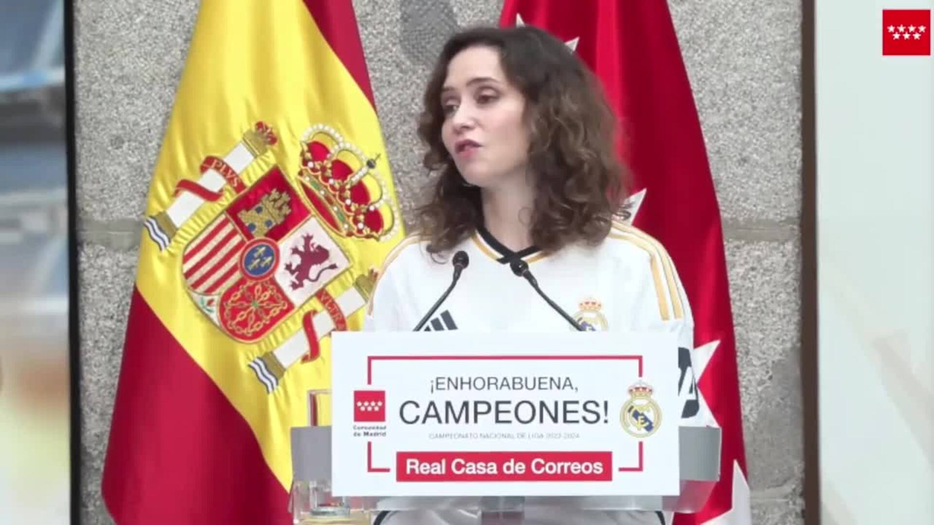 Ayuso: "El Real Madrid es sinónimo de triunfo sin complejos"