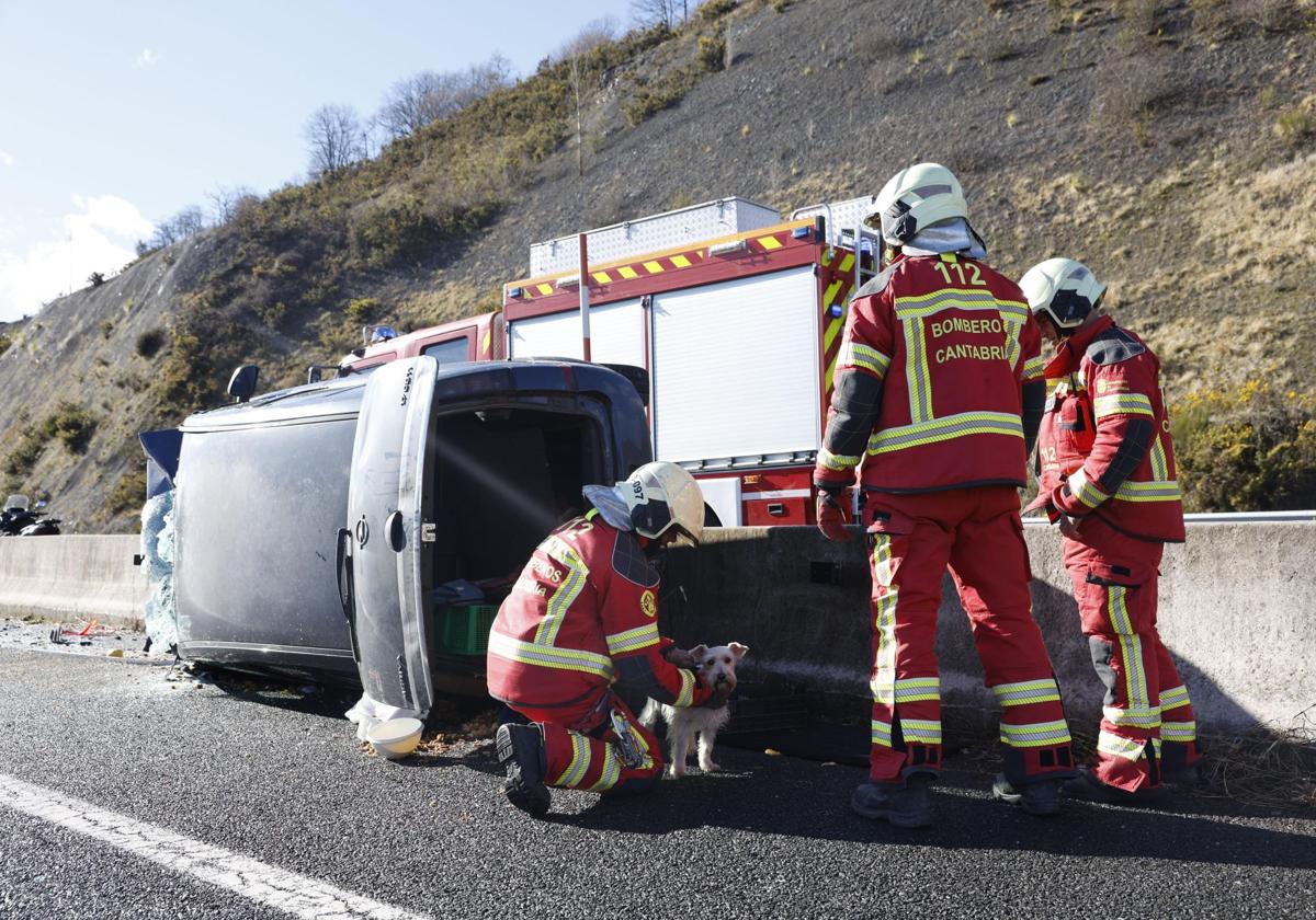 Bomberos del 112, en el lugar del accidente, con un perro rescatado de uno de los coches.