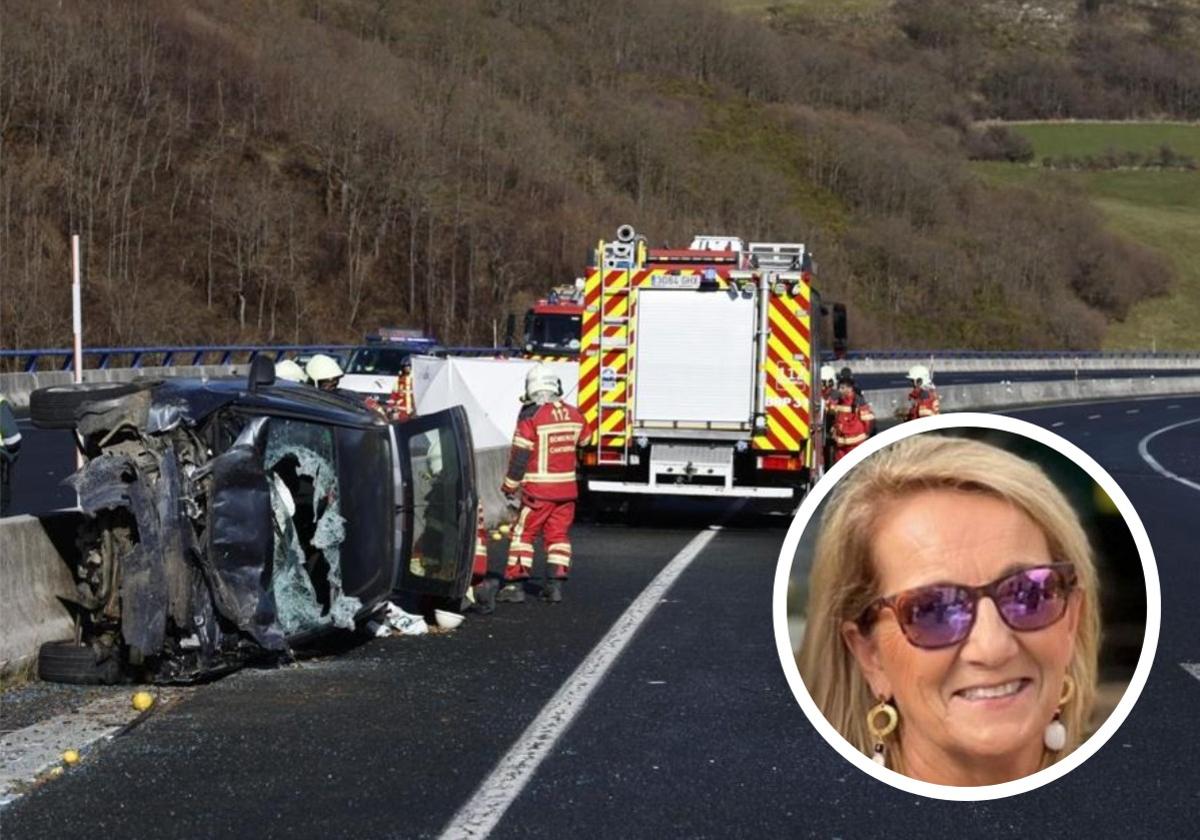 Estado en el que quedó uno de los siete vehículos que se vieron implicados en el accidente de la A-67. A la derecha, María Salceda Arias, la vallisoletana fallecida.