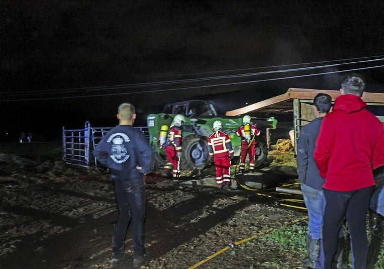 Los bomberos de Valdáliga, en el establo incendiado.