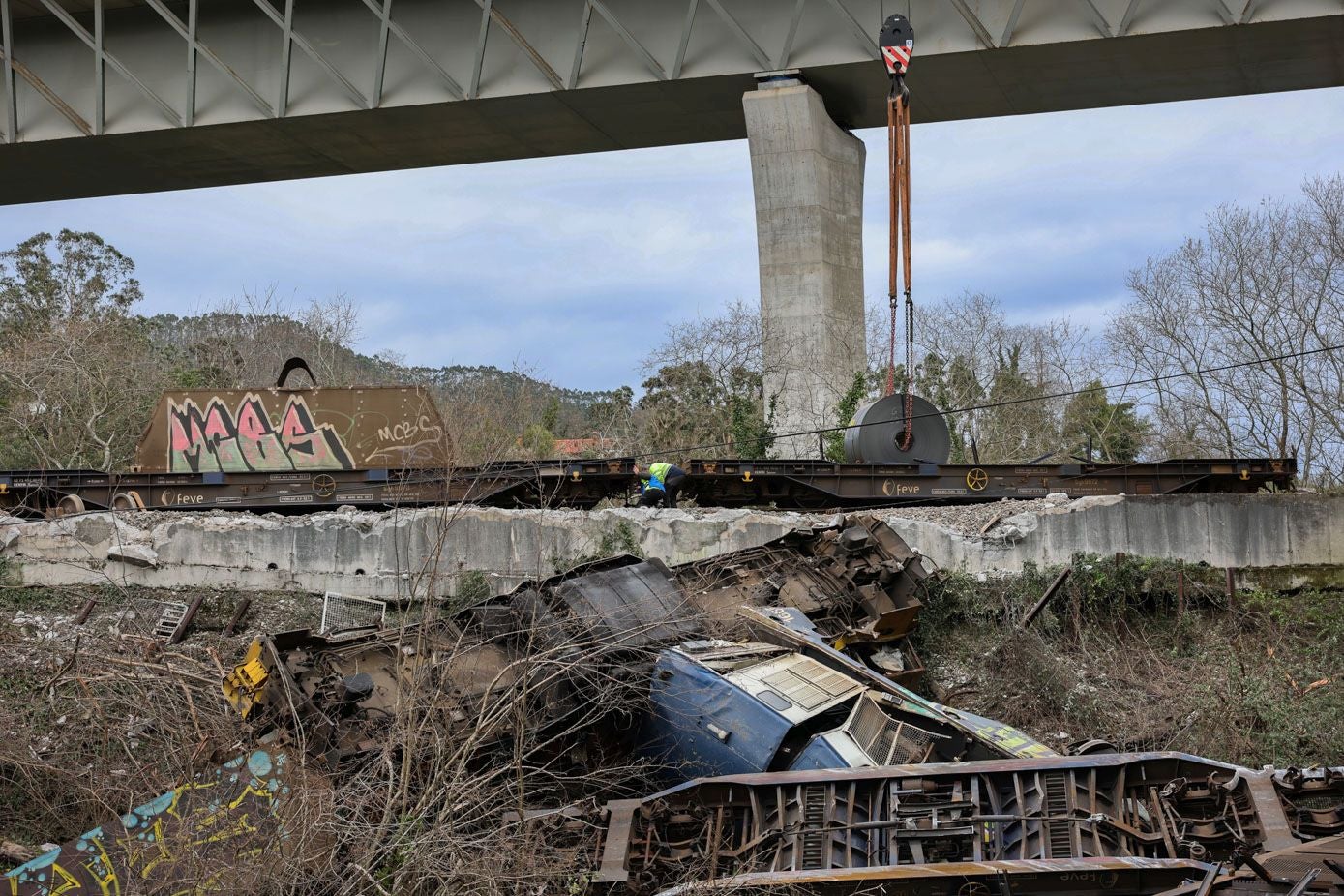 Así va la recuperación de materiales del tren descarrilado en Muñorrodero