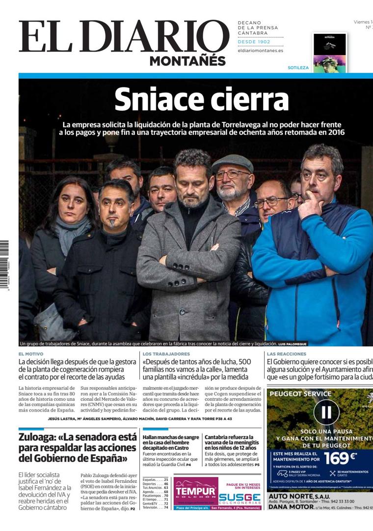 Imagen - Portada de El Diario Montañés del día que cerró Sniace.