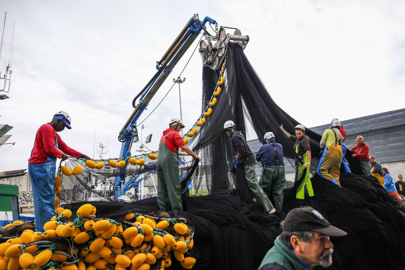 Marineros sacando las redes tras su llegada al puerto de Laredo.