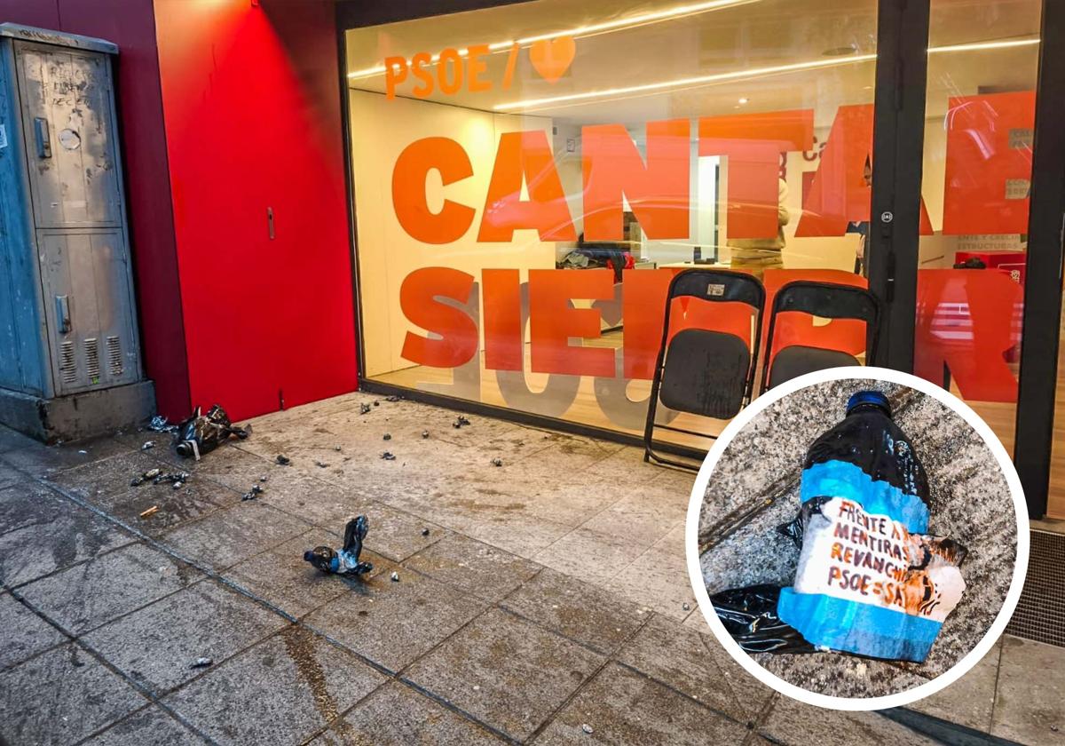 Un encapuchado lanza varias botellas con líquido inflamable en la sede del PSOE durante un acto de Casares
