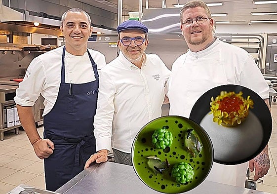 Julien Royer, Jesús Sánchez y Eric Vildgaard, tres estrellas Michelin en Singapur. En detalle, los dos platos emblemáticos del Cenador de Amós, ensaladilla 'bombón' y el guisante lágrima.