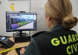 Una agente de la Guardia Civil observa en su ordenador uno de los trenes pintados.