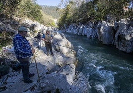 Imagen de esta temporada de un grupo de pescadores en busca de salmones en el río Pas a su paso por Puente Viesgo.