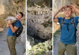 En la primer imagen se ve al joven a punto de arrojar la roca; en la segunda, el momento en el que la lanza la vacío; y en la útima su cara de tras su 'hazaña'.