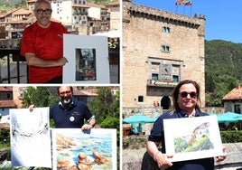 A la izquierda, arriba, Manuel Macías, de Huesca, con una acuarela de Mogrovejo. José Antonio Espinosa de los Monteros, de Barcelona, con dos acuarelas. Mamem Restegui, con el Barrio del Sol, de Potes.