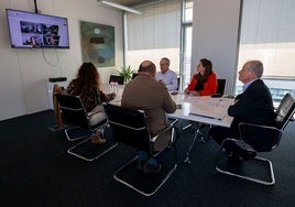 El consejero de Industria de Cantabria, Eduardo Arasti (derecha), en videoconferencia el 24 de abril con la cúpula de la multinacional.
