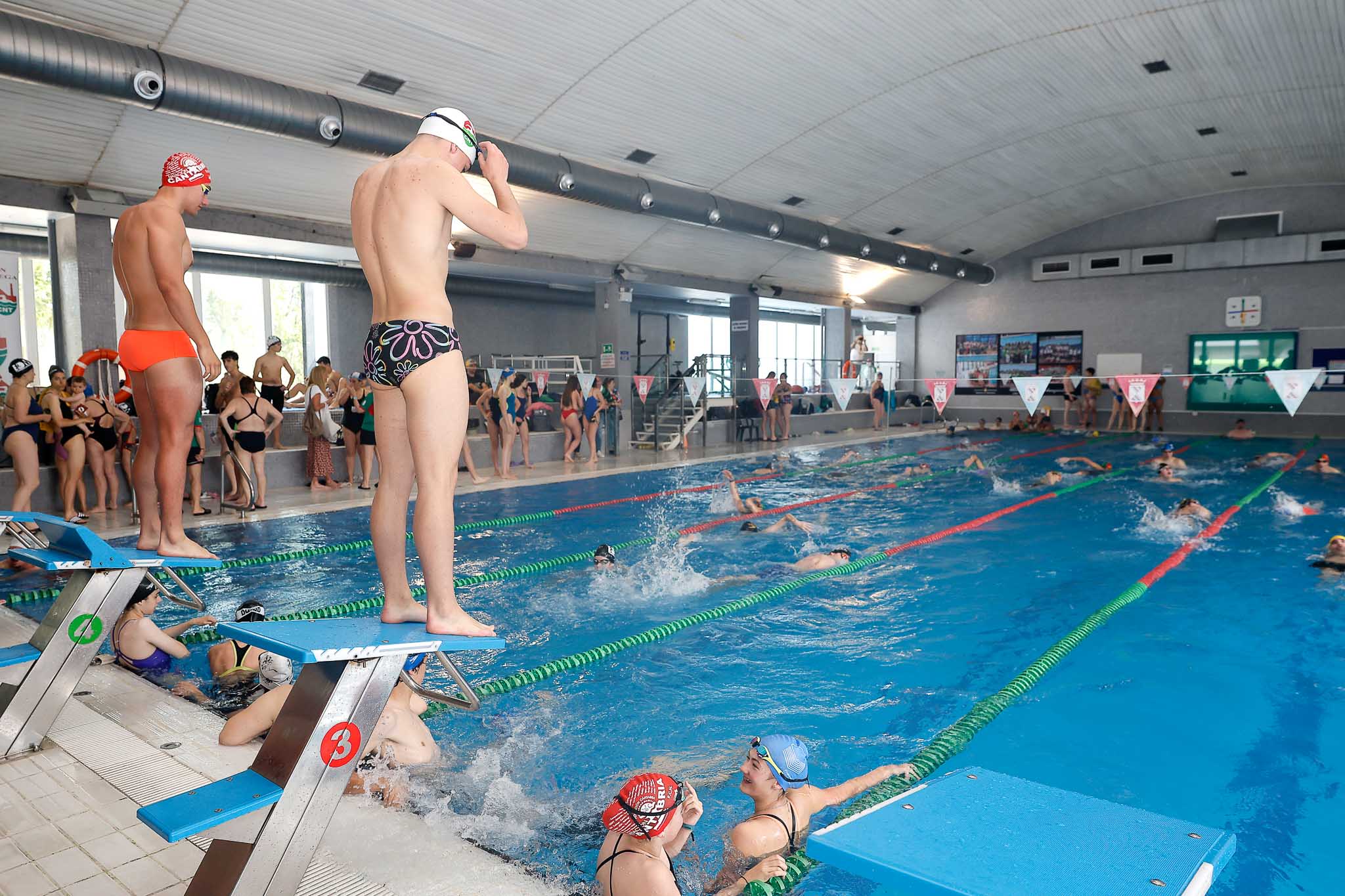 Dos nadadores listos para zambullirse al agua.