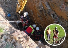 Imágenes del rescate y, en detalle, un bombero con uno de los perros, sano y salvo, en brazos.
