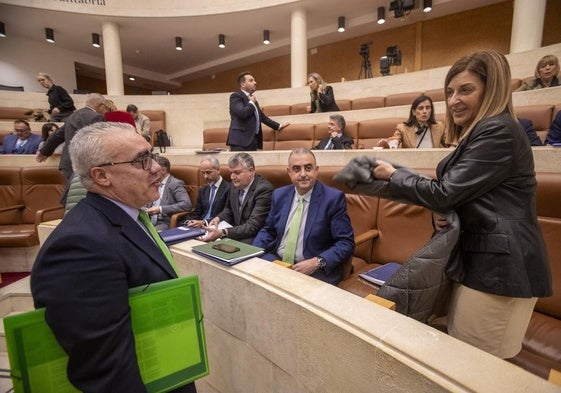 María José Sáenz de Buruaga (PP) habla con Pedro Hernando (PRC) en el Parlamento de Cantabria antes de un pleno.