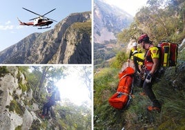 El equipo de rescate descendió desde el helicóptero para evacuar al herido.