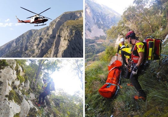 El equipo de rescate descendió desde el helicóptero para evacuar al herido.