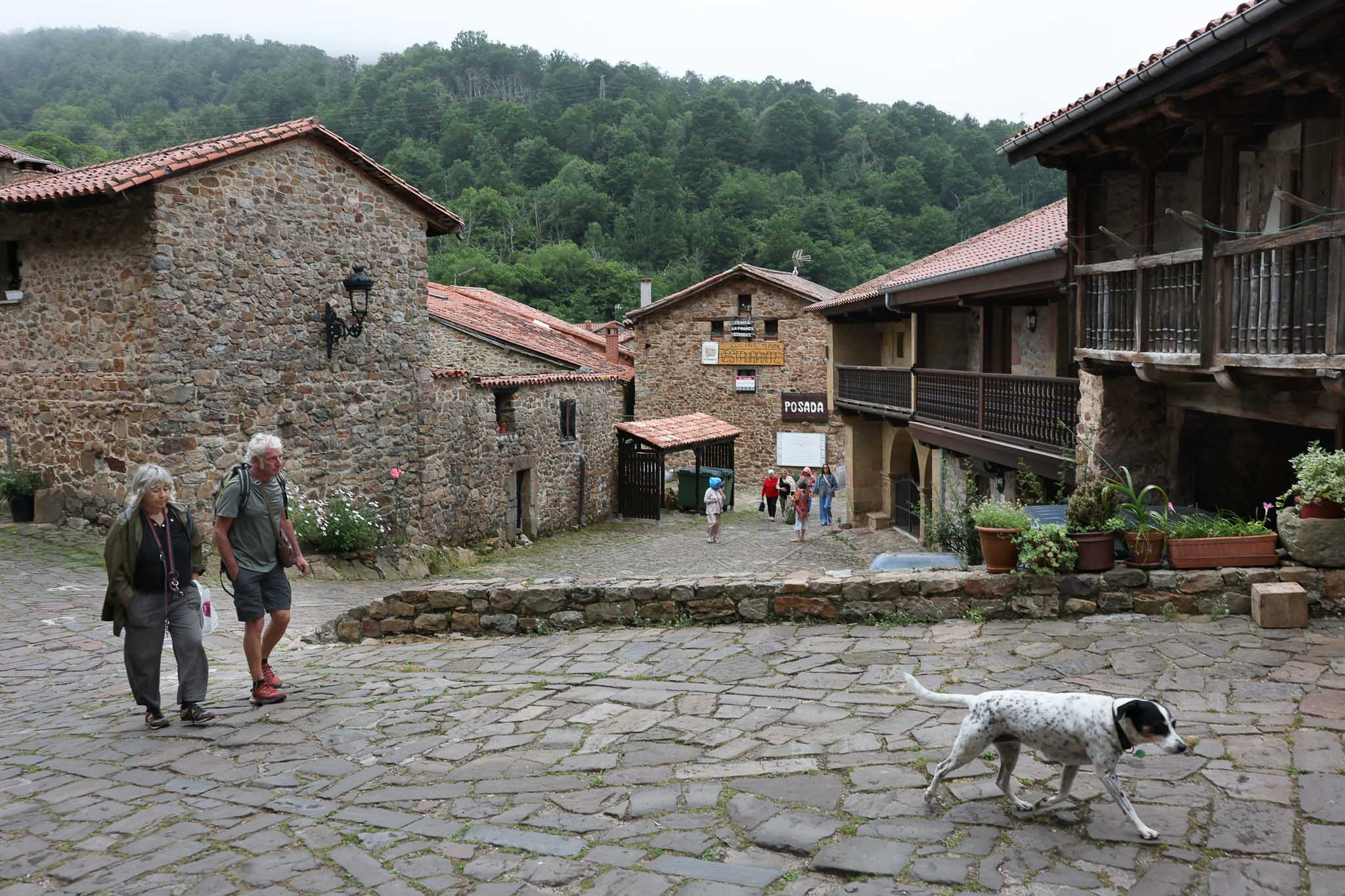 Una pareja con su perro durante el recorrido por el pueblo.