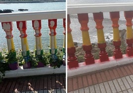 Balaustrada de Cotolino con la bandera LGTBI (izquierda) y con la bandera de España (derecha).