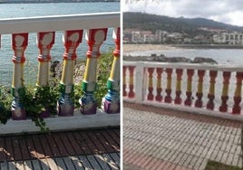 Balaustrada de Cotolino con la bandera LGTBI (izquierda) y con la bandera de España (derecha).