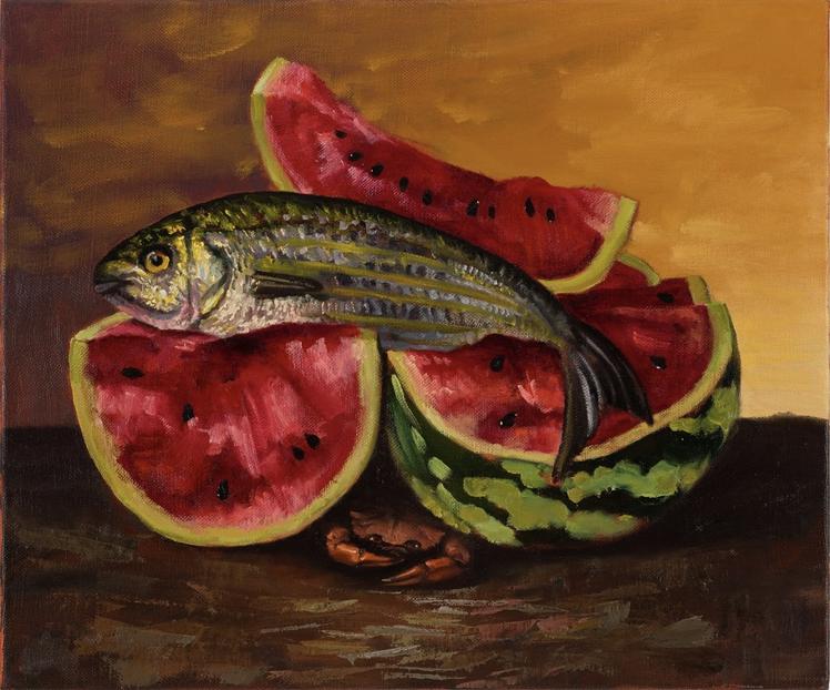 Jorge Diezma. 'Bodegón marinero con sandía'. Óleo sobre lienzo, 2023. 58x70cm.