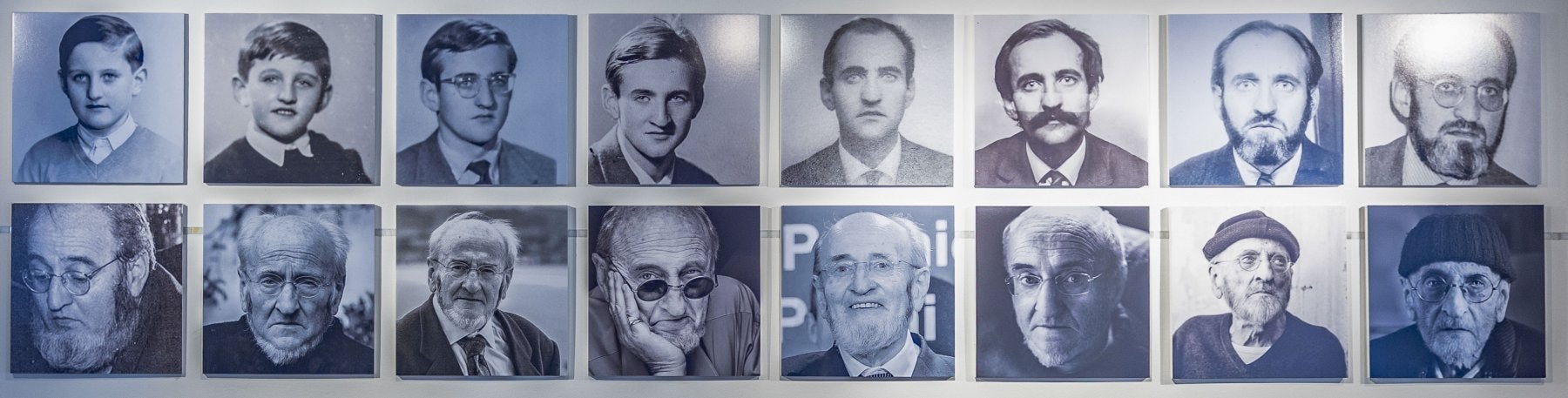 Dieciséis retratos cronológicos de Álvaro Pombo, desde que era un niño hasta la actualidad, dan la bienvenida al visitante en el Palacio de Festivales.