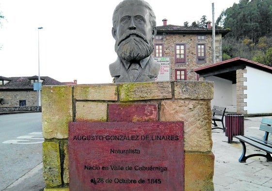 Busto en bronce de Augusto González de Linares en Valle de Cabuérniga, promovido por Amigos de la Cultura Científica, 1987-1988. Escultor: Andrés Lasanta.
